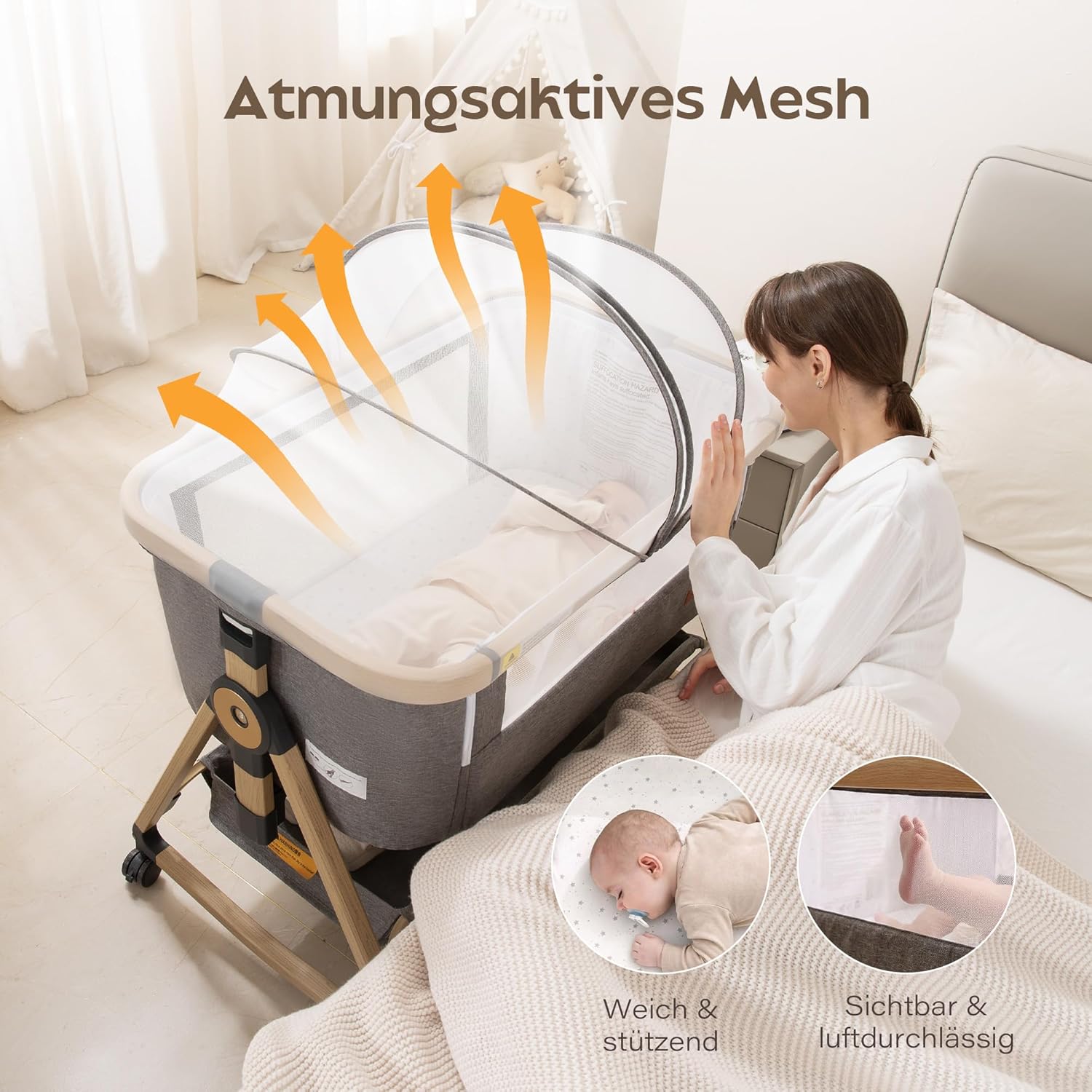 Maydolly 3-in-1 Beistellbett Baby Grau mit Matratze, höhenverstellbares Babybett mit Rollen & Moskitonetz