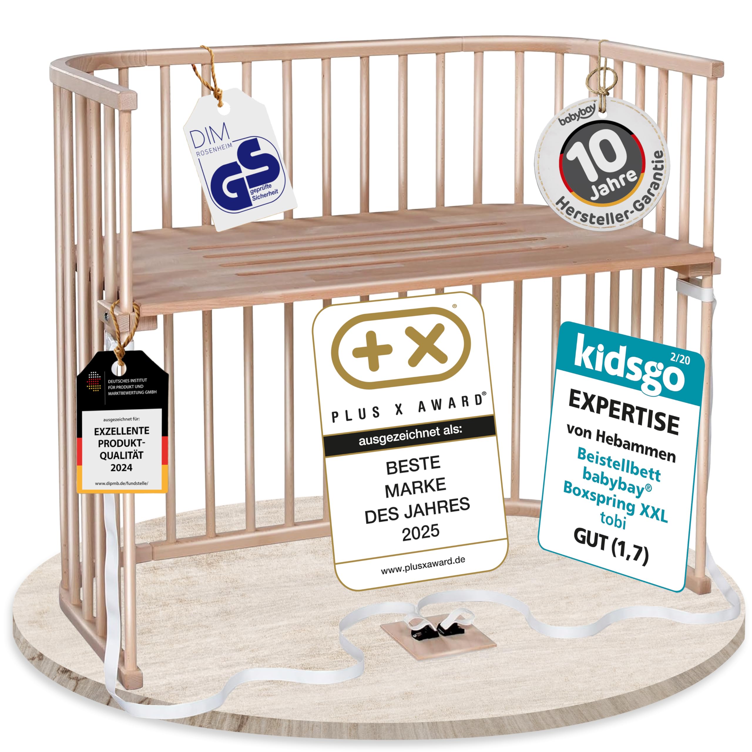 babybay Original Beistellbett aus massivem Buchenholz mit Matratze, höhenverstellbares Babybett für Neugeborene
