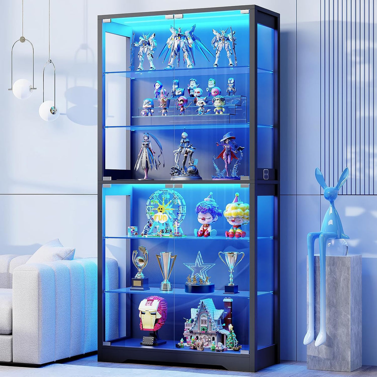 BROTTAR Vitrine mit Glastür, 6-stufige 180cm Vitrine mit 3 Farblichten für Sammlerstücke, Vitrine mit verstellbaren Glasträgern, Körperkensorsensor