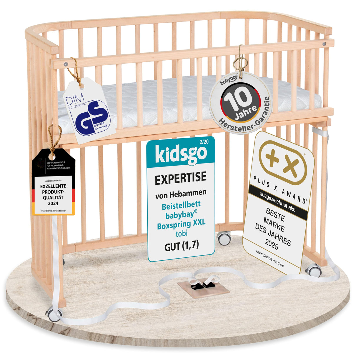 babybay Original Beistellbett aus massivem Buchenholz mit Matratze, höhenverstellbares Babybett für Neugeborene
