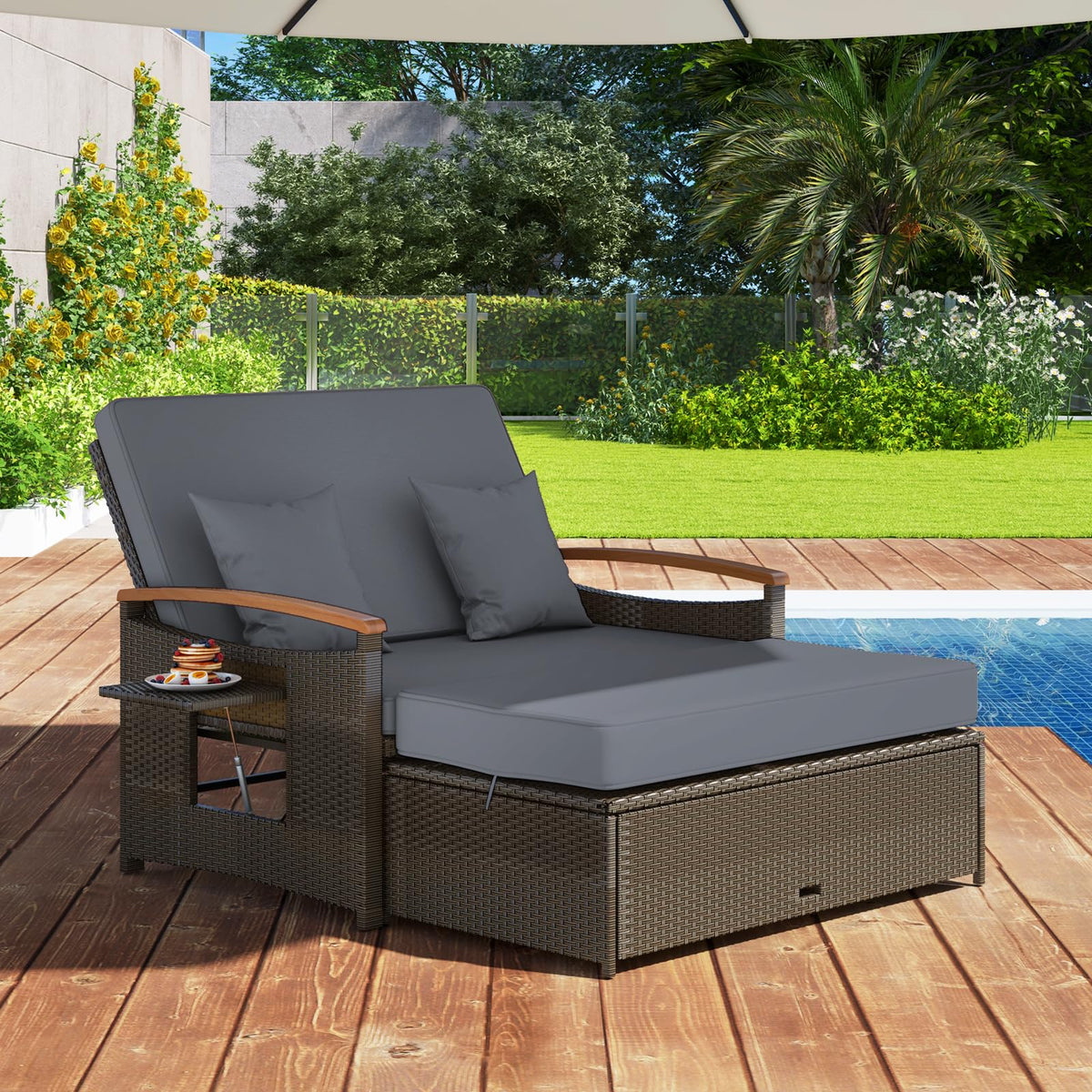 GIANTEX Rattan Lounge Gartenmöbel Set 2-Sitzer mit Doppelliege & Hocker, Outdoor Sofa mit Stauraum, verstellbar für Balkon & Terrasse