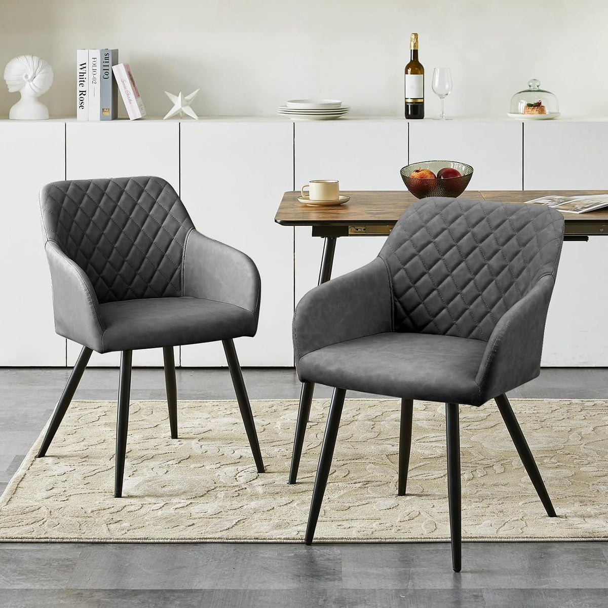 CLIPOP Esszimmerstühle 4er Set, Küchenstühle Grau Kunstlederstoff stühle Polsterstühle mit Armlehne Metallbeine Polstersessel Stühle für Esszimmer