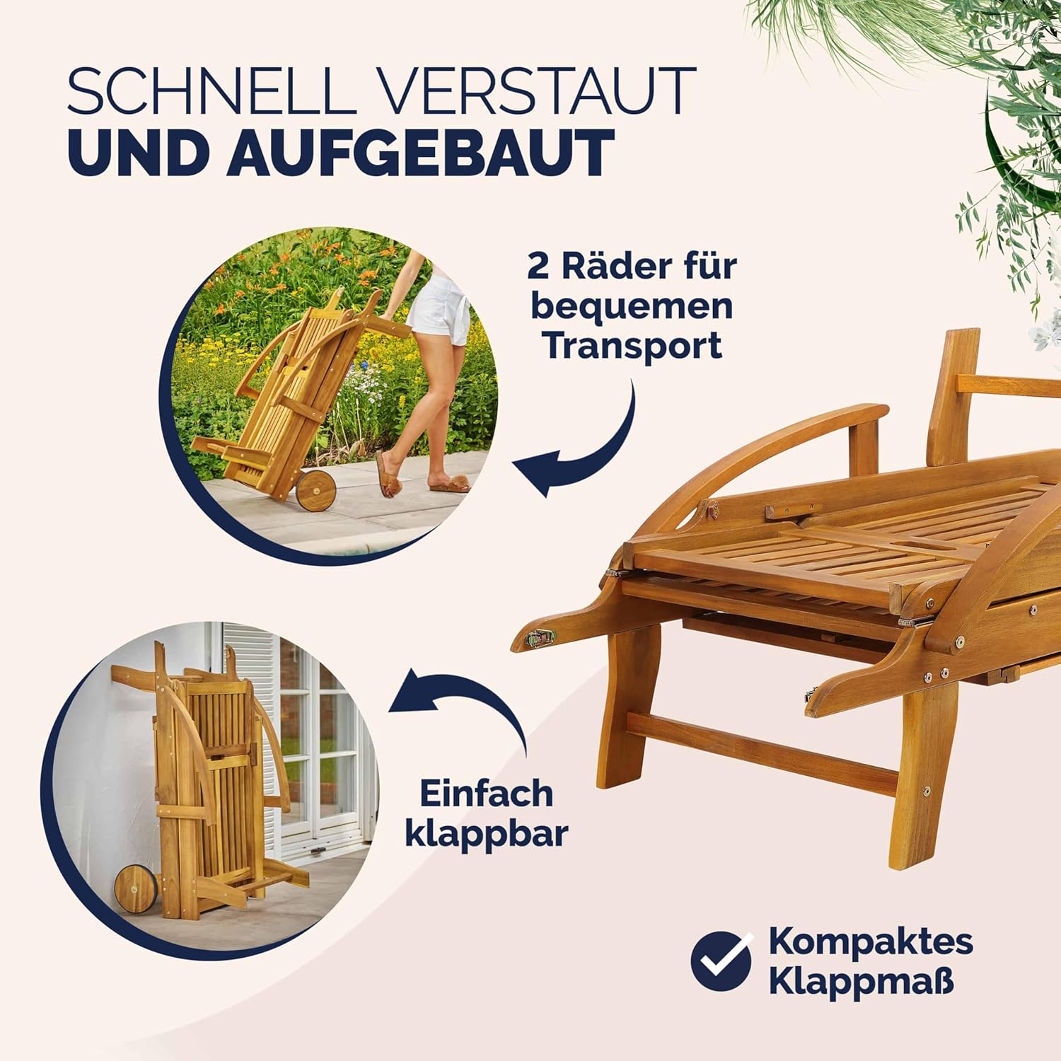 Casaria Sonnenliege 2er Set aus Akazienholz, Braun, klappbare Gartenliege mit Rädern & Ausziehtisch, 195 x 59 cm
