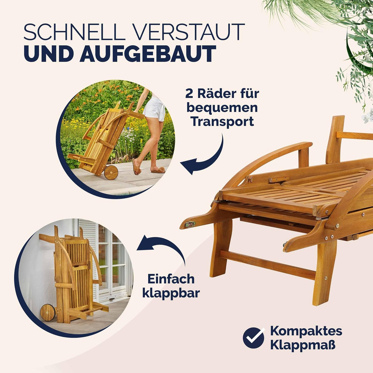 Casaria Sonnenliege 2er Set Akazienholz Braun – Klappbare Gartenliege mit Rädern, Ausziehtisch & verstellbarer Rückenlehne