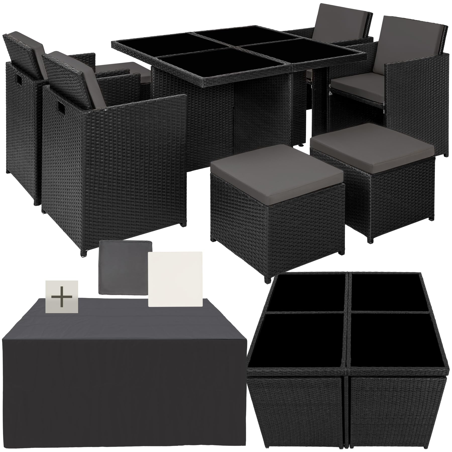 tectake Rattan Lounge Set mit Aluminiumgestell, 4 Stühle, 4 Hocker & Glastisch Wetterfeste Gartenmöbel