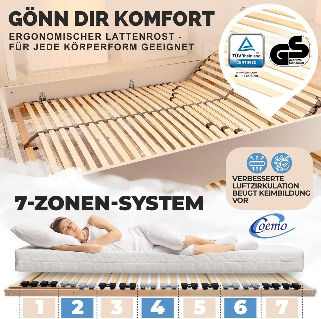 Coemo 7-Zonen Lattenrost 140x200 cm – Verstellbares Kopfteil, 28 Federleisten, 5-fach Härtegrad & Buche-Birken Rahmen bis 140 kg