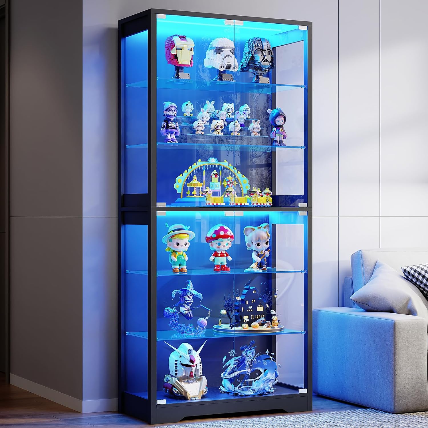 BROTTAR Vitrine mit Glastür, 6-stufige 180cm Vitrine mit 3 Farblichten für Sammlerstücke, Vitrine mit verstellbaren Glasträgern, Körperkensorsensor