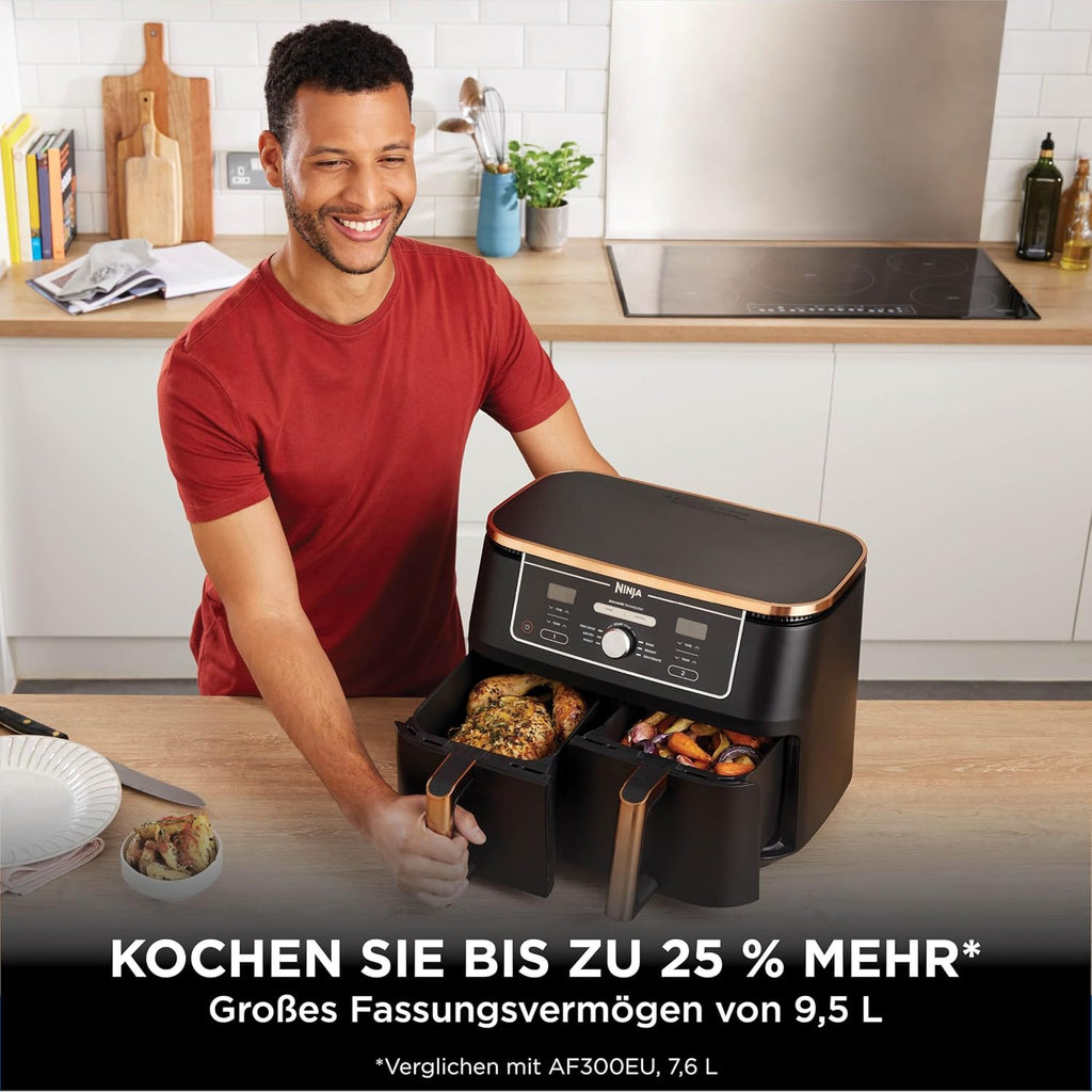 Ninja Foodi MAX Dual Zone Heißluftfritteuse, 9,5L Airfryer, 2 Fächer, mit Zange, Antihaftbeschichtung, spülmaschinenfeste Körbe, 6-in-1
