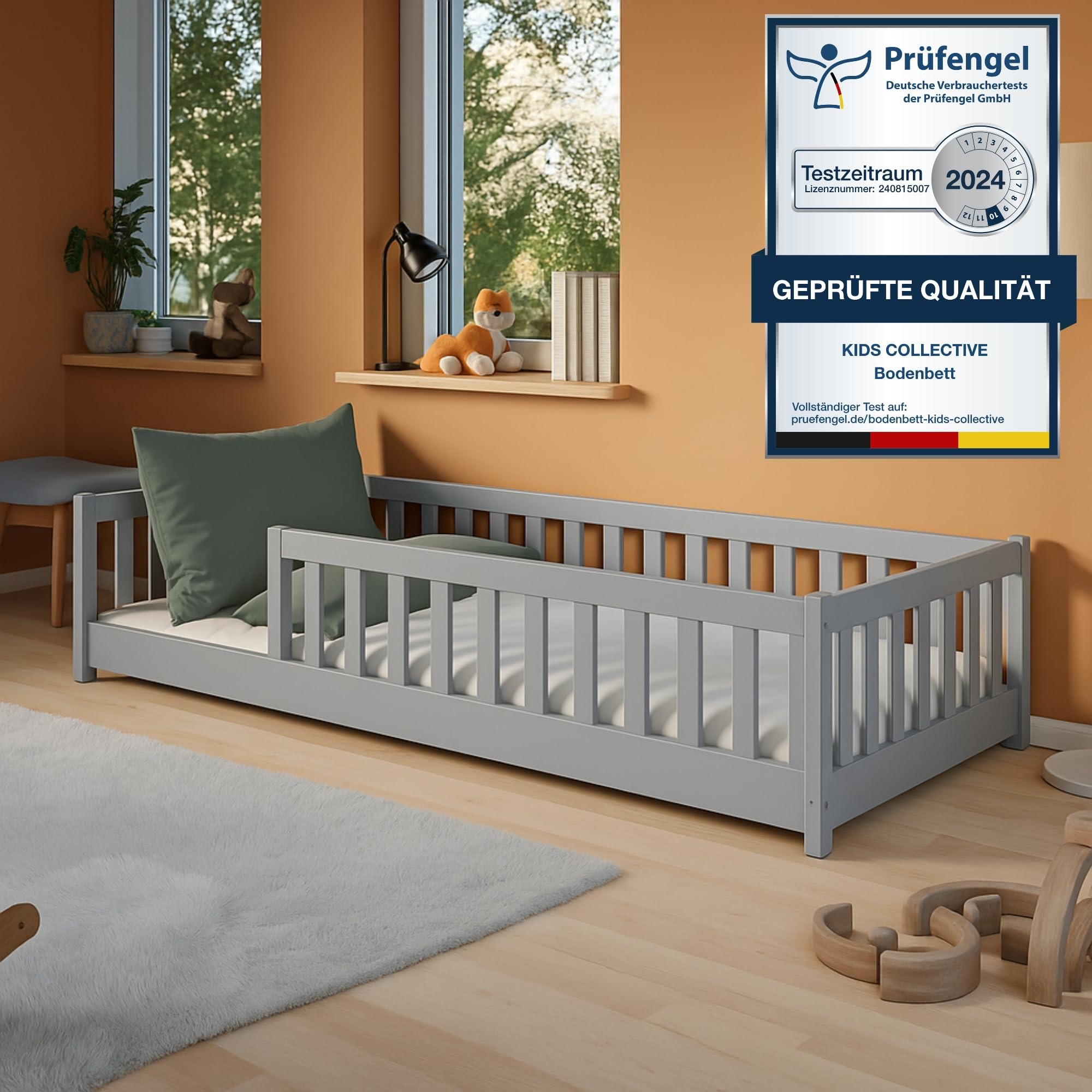 Kids Collective Kinderbett Bodenbett 120x200 cm Bett mit Rausfallschutz & Lattenrost Montessori Bett Bed Gitterbett Kinder Jugendbett Einzelbett |
