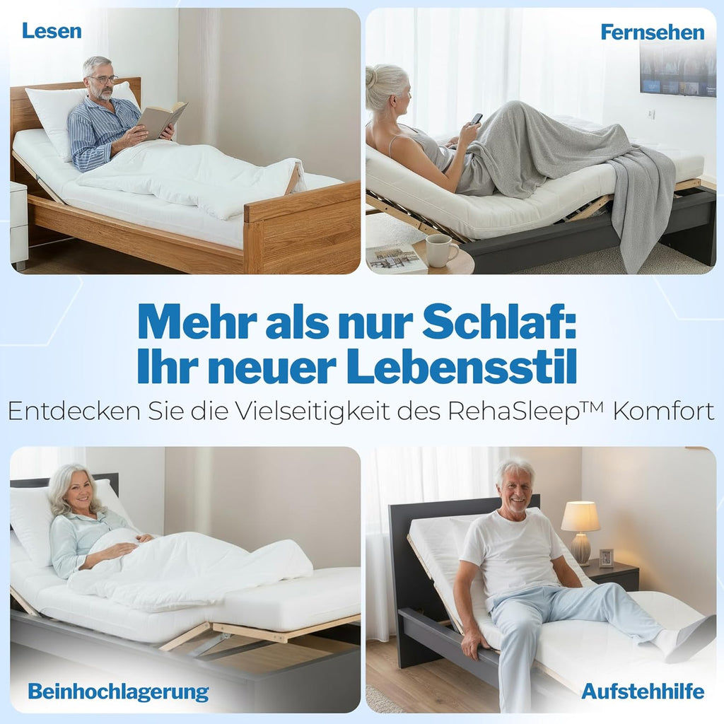 RehaSleep Elektrischer Lattenrost 28 Leisten, 7-Zonen Lattenrahmen aus Birkenholz, verstellbar mit Motor, Natur