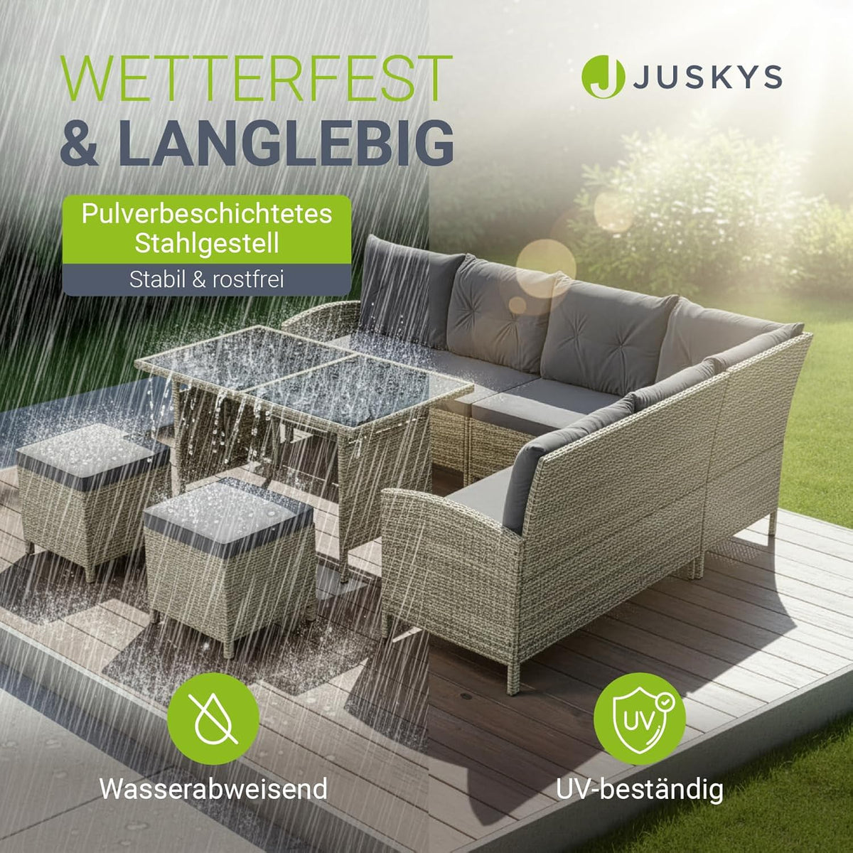 Juskys Gartenlounge Polyrattan Grau, Ecksofa mit Tisch & 2 Hockern, Gartenmöbel Set für 7 Personen, wetterfest