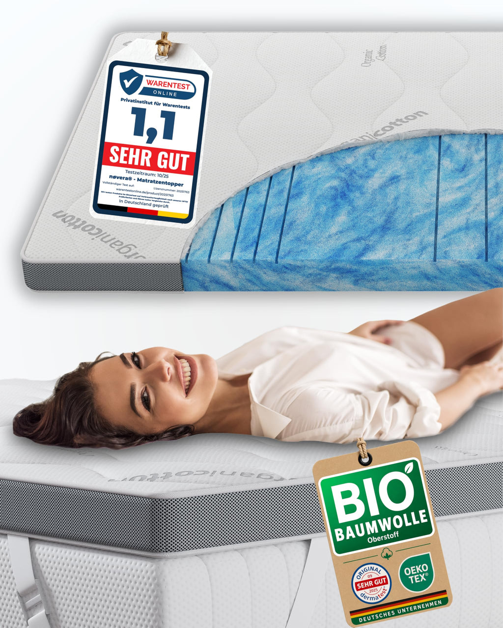 Deluxe Gel Topper 180x200cm | Oberstoff aus 100% Bio-Baumwolle | wolkenweicher 7-Zonen Matratzentopper 180x200cm | Hohes RG 50 | 8cm Matratzen Topper