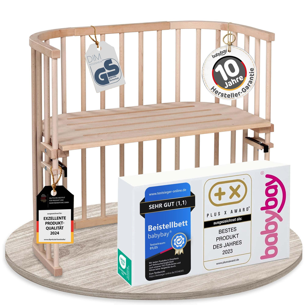 babybay Original Beistellbett aus massivem Buchenholz mit Matratze, höhenverstellbares Babybett für Neugeborene