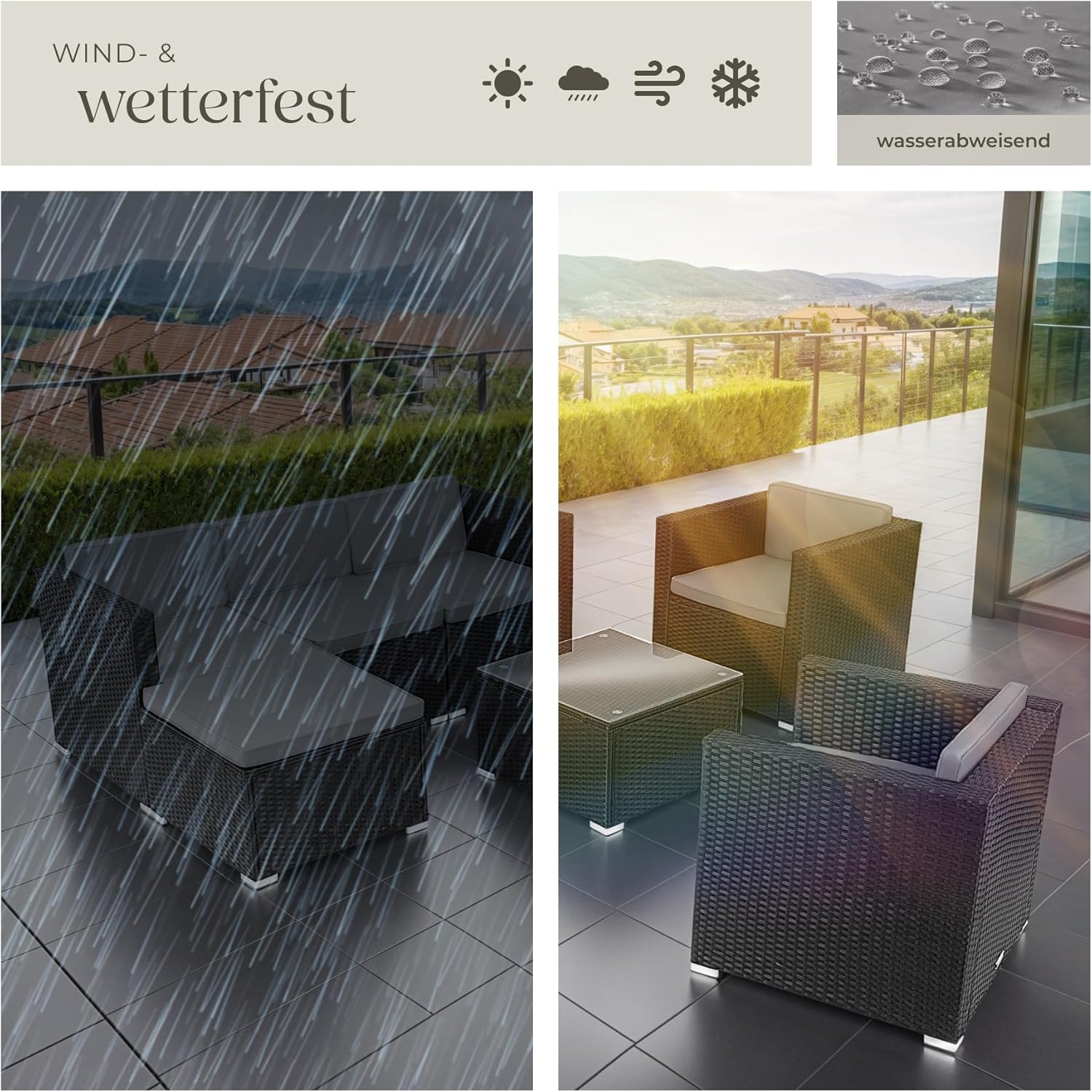tectake Gartenmöbel Set Poly Rattan mit Sofa, Sesseln, Hocker & Tisch, modulare Gartenlounge wetterfest für Garten, Terrasse & Balkon