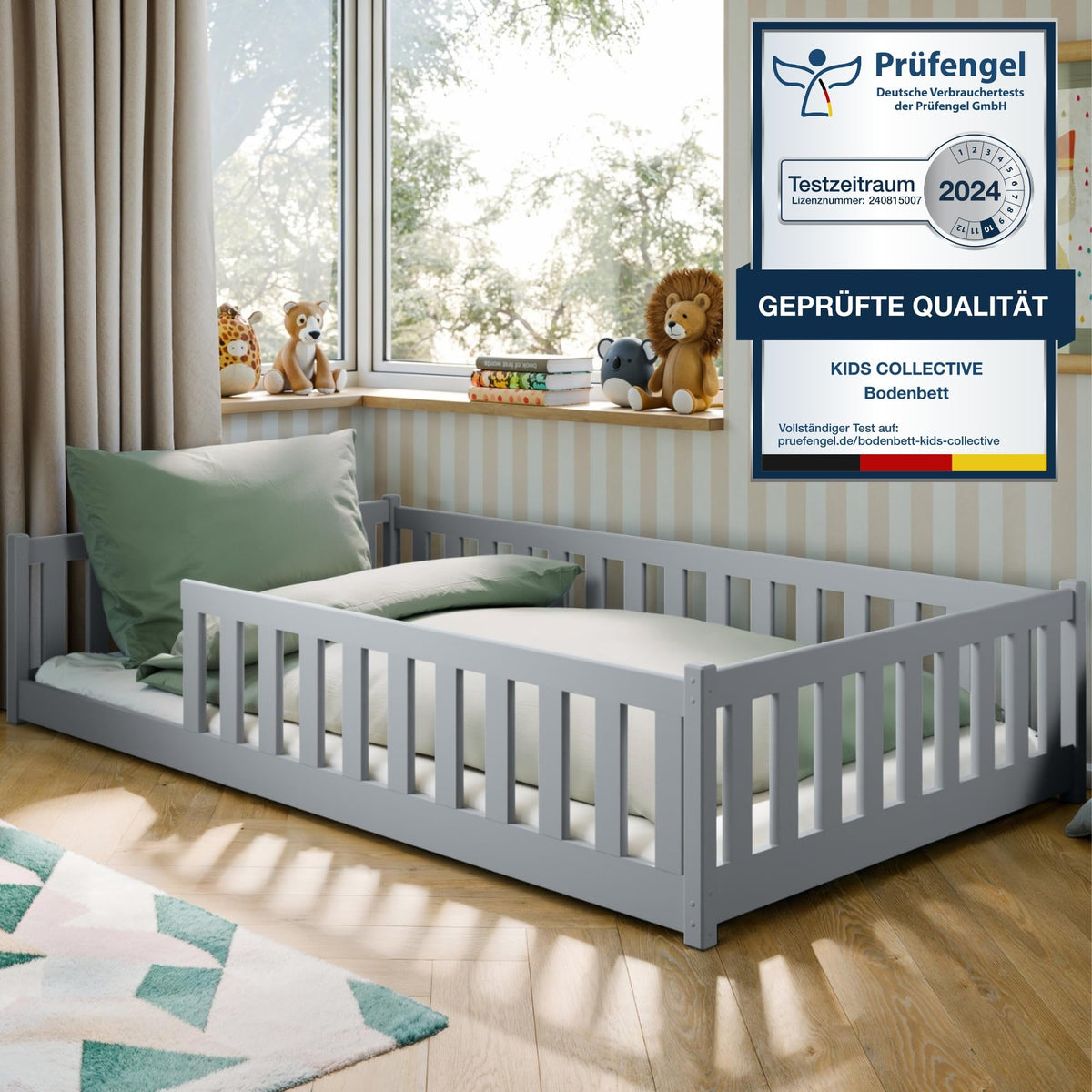 Kids Collective Kinderbett Bodenbett 120x200 cm Bett mit Rausfallschutz & Lattenrost Montessori Bett Bed Gitterbett Kinder Jugendbett Einzelbett |