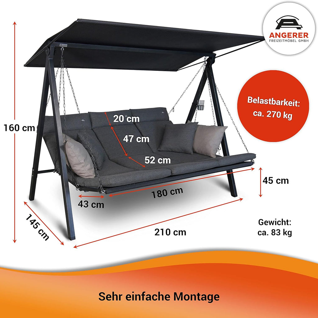 ANGERER Hollywoodschaukel Lounge Smart 3-Sitzer mit Bettfunktion & Sonnendach – Gartenschaukel mit Liegefunktion, Made in Germany