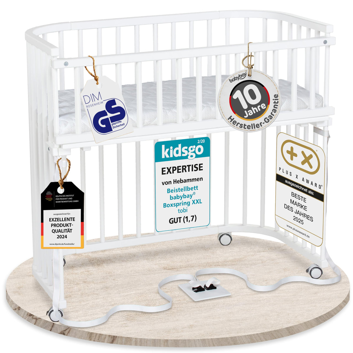 babybay Original Beistellbett aus massivem Buchenholz mit Matratze, höhenverstellbares Babybett für Neugeborene