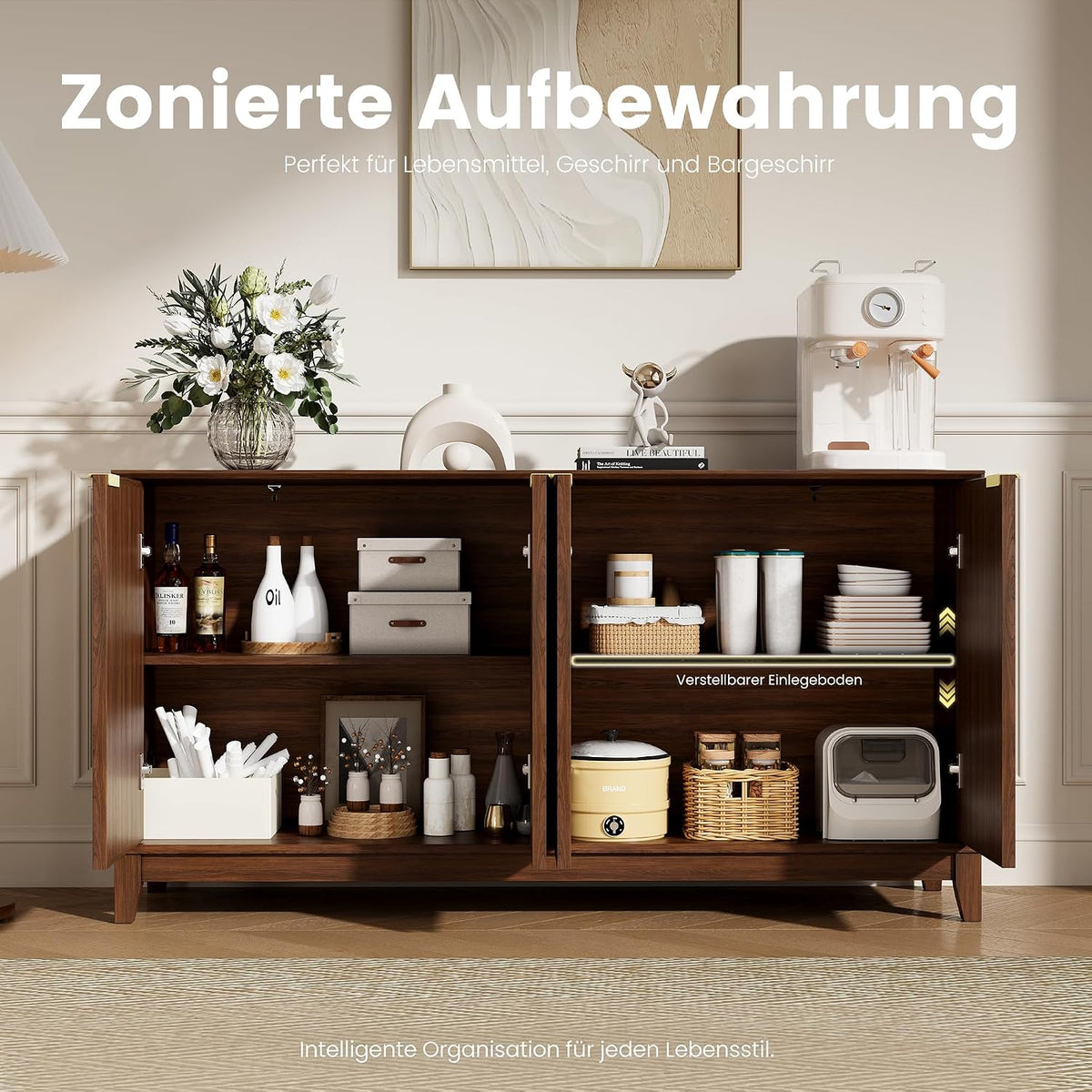 COLAMY Sideboard 150 cm Holz mit Stauraum – Modernes Sideboard für Wohnzimmer, Küchenschrank mit verstellbaren Einlegeböden, Buffet Schrank mit 3D