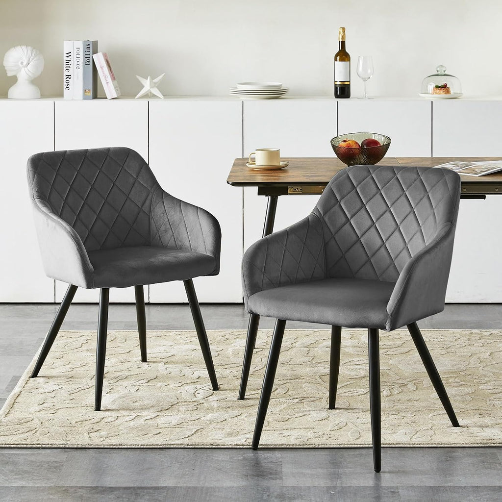 CLIPOP Esszimmerstühle 2er Set, Küchenstühle Grau Samtstoff stühle Polsterstühle mit Armlehne Metallbeine Polstersessel Stühle für Esszimmer Küche
