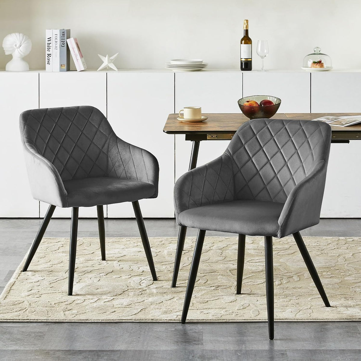 CLIPOP Esszimmerstühle 2er Set, Küchenstühle Grau Samtstoff stühle Polsterstühle mit Armlehne Metallbeine Polstersessel Stühle für Esszimmer Küche