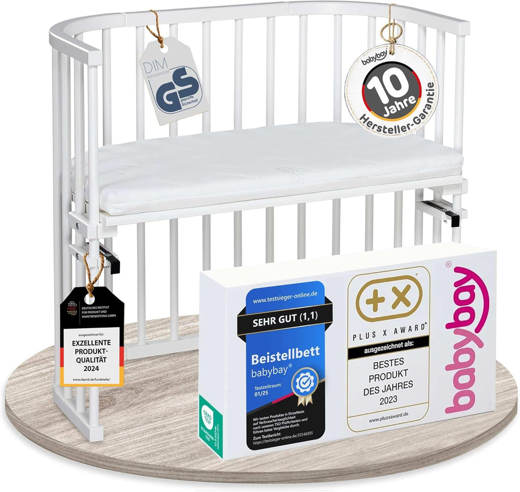 babybay Original Beistellbett aus massivem Buchenholz mit Matratze, höhenverstellbares Babybett für Neugeborene