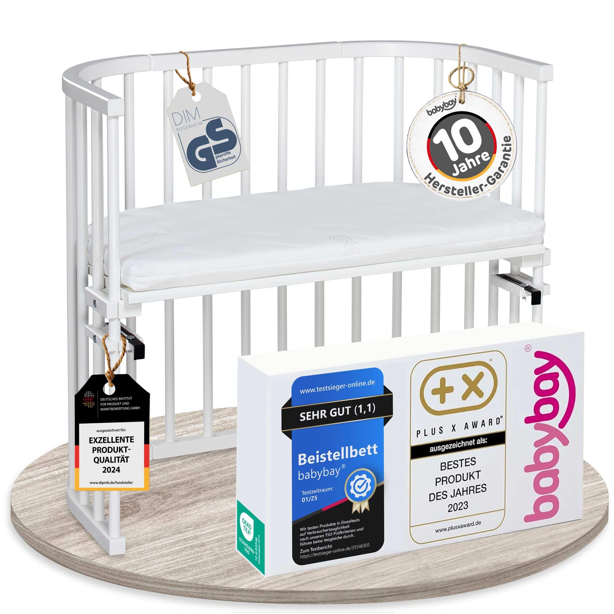 babybay Original Beistellbett aus massivem Buchenholz mit Matratze, höhenverstellbares Babybett für Neugeborene