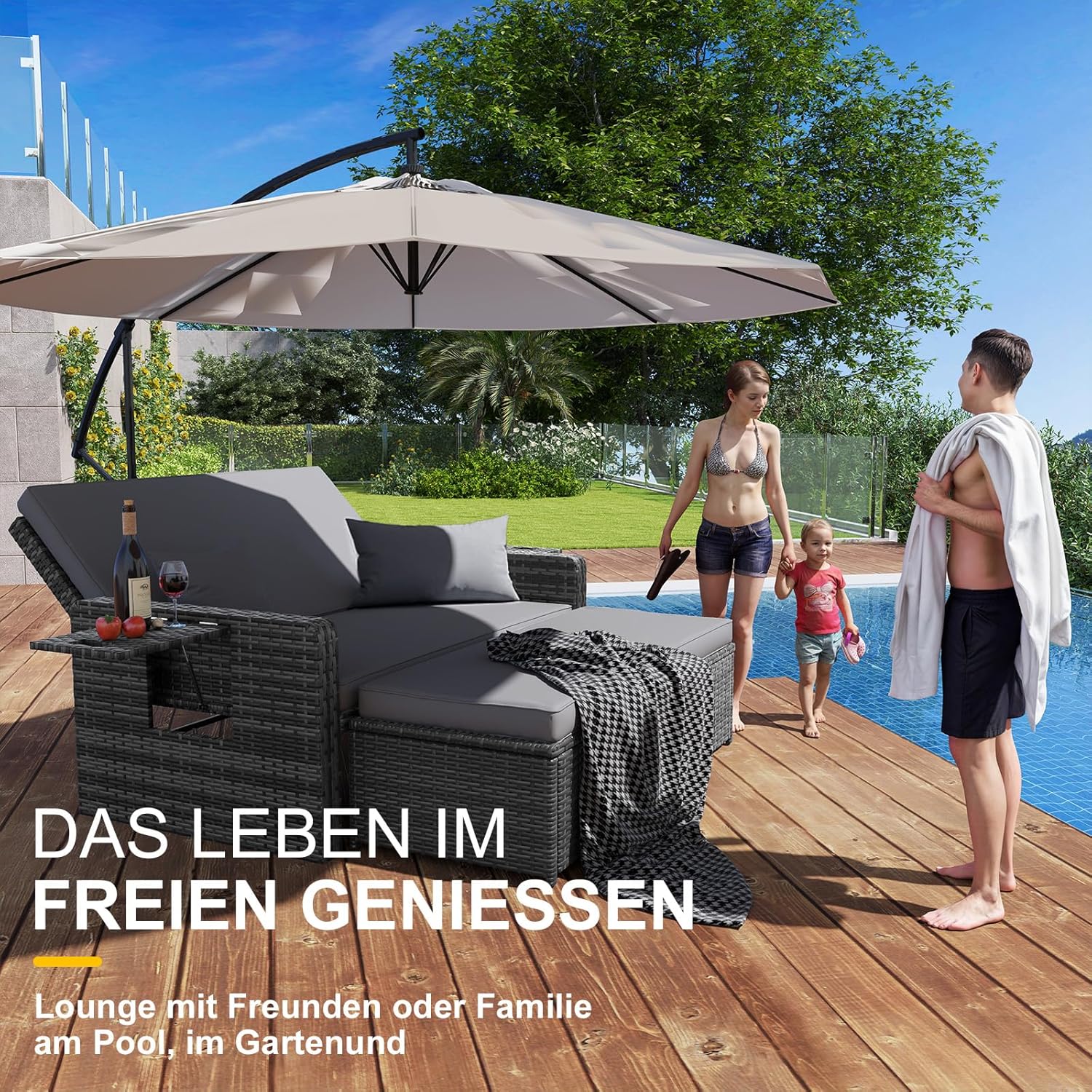 UDPATIO Rattan Lounge Sofa 2-Sitzer Grau mit Hocker & Stauraum, verstellbare Rückenlehne, Gartenmöbel Set aus PE-Rattan für Balkon & Terrasse