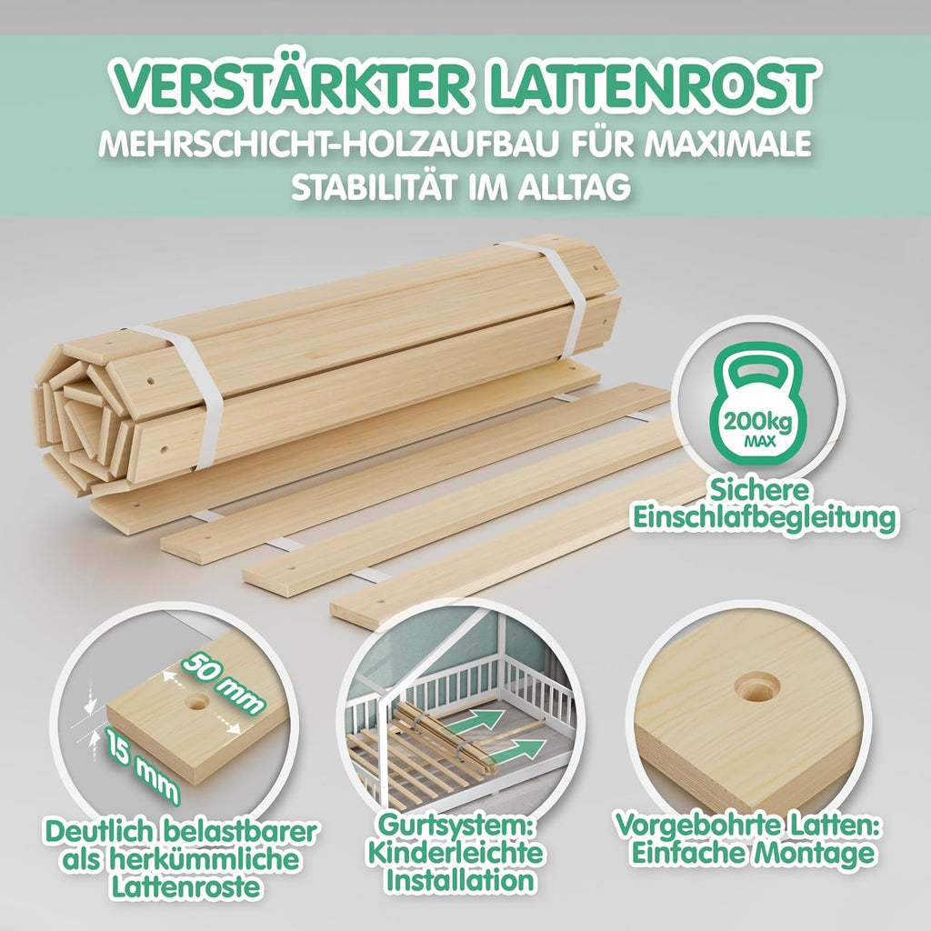 CADANI TIMI XL Bodenbett 140x200 Weiß, Rausfallschutz abnehmbar, bis 200 kg