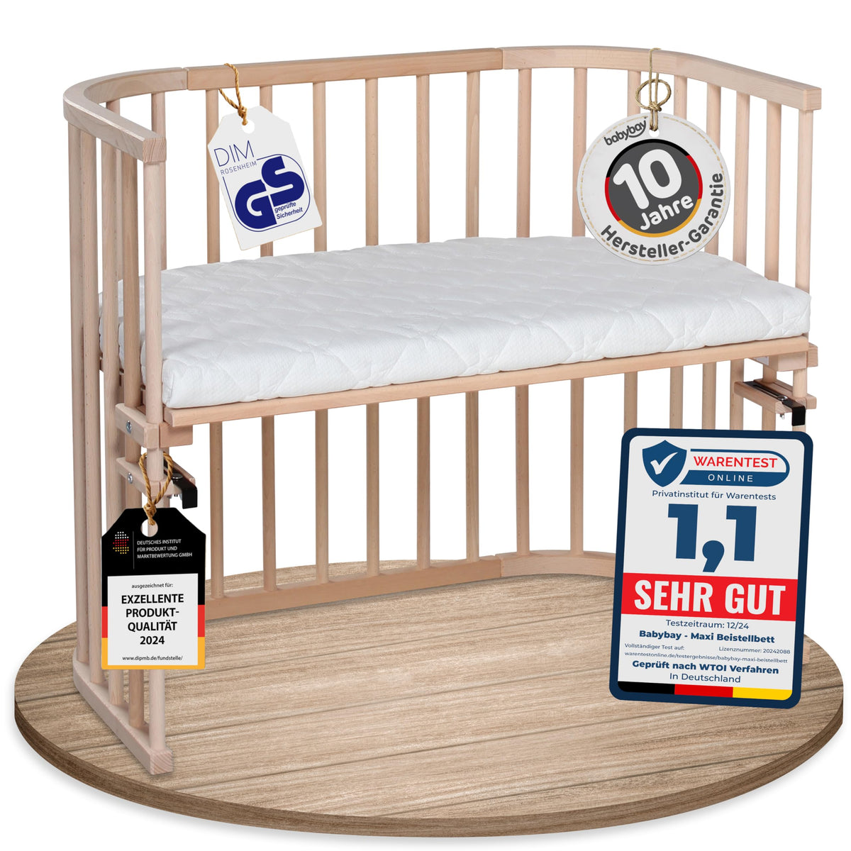 babybay Original Beistellbett aus massivem Buchenholz mit Matratze, höhenverstellbares Babybett für Neugeborene