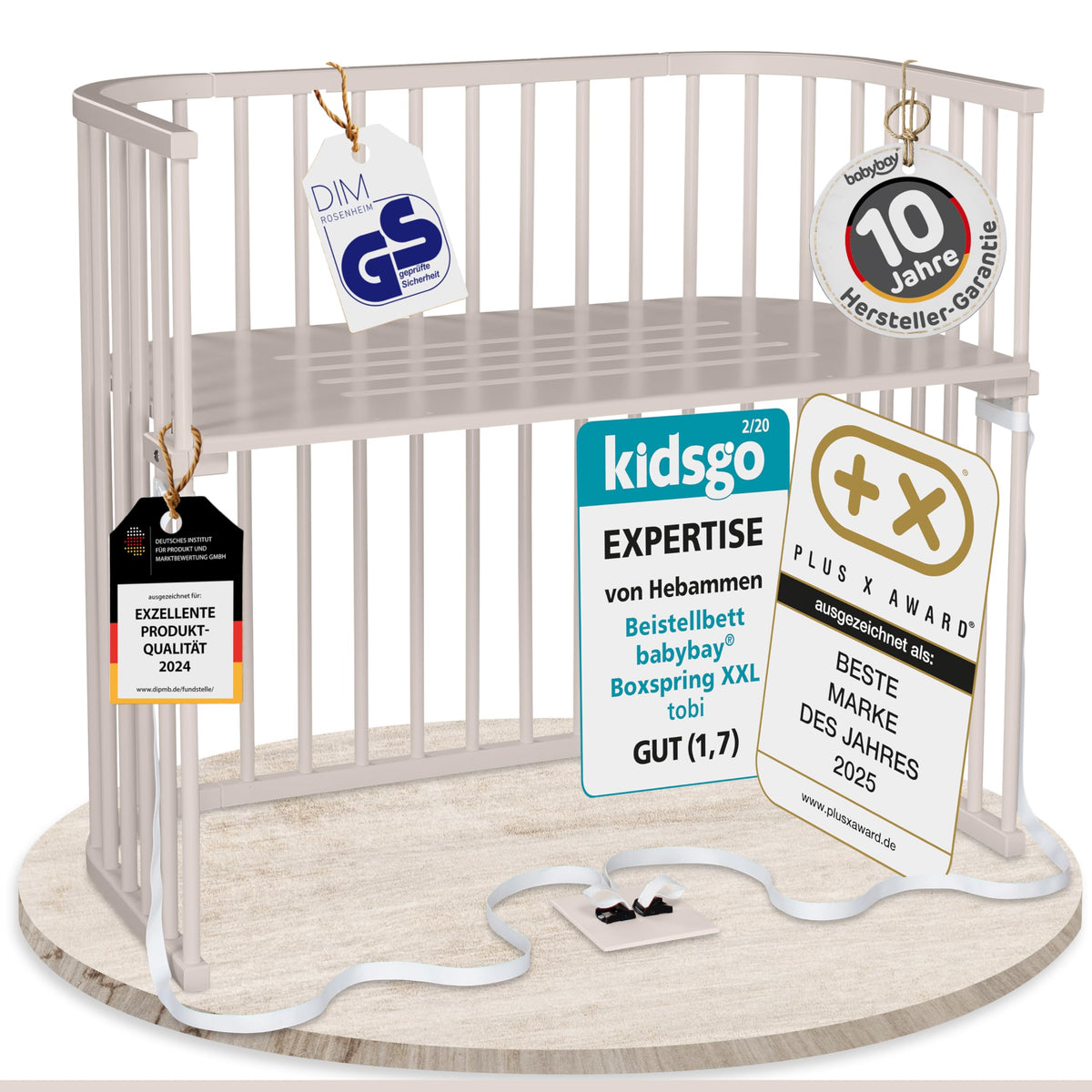 babybay Original Beistellbett aus massivem Buchenholz mit Matratze, höhenverstellbares Babybett für Neugeborene