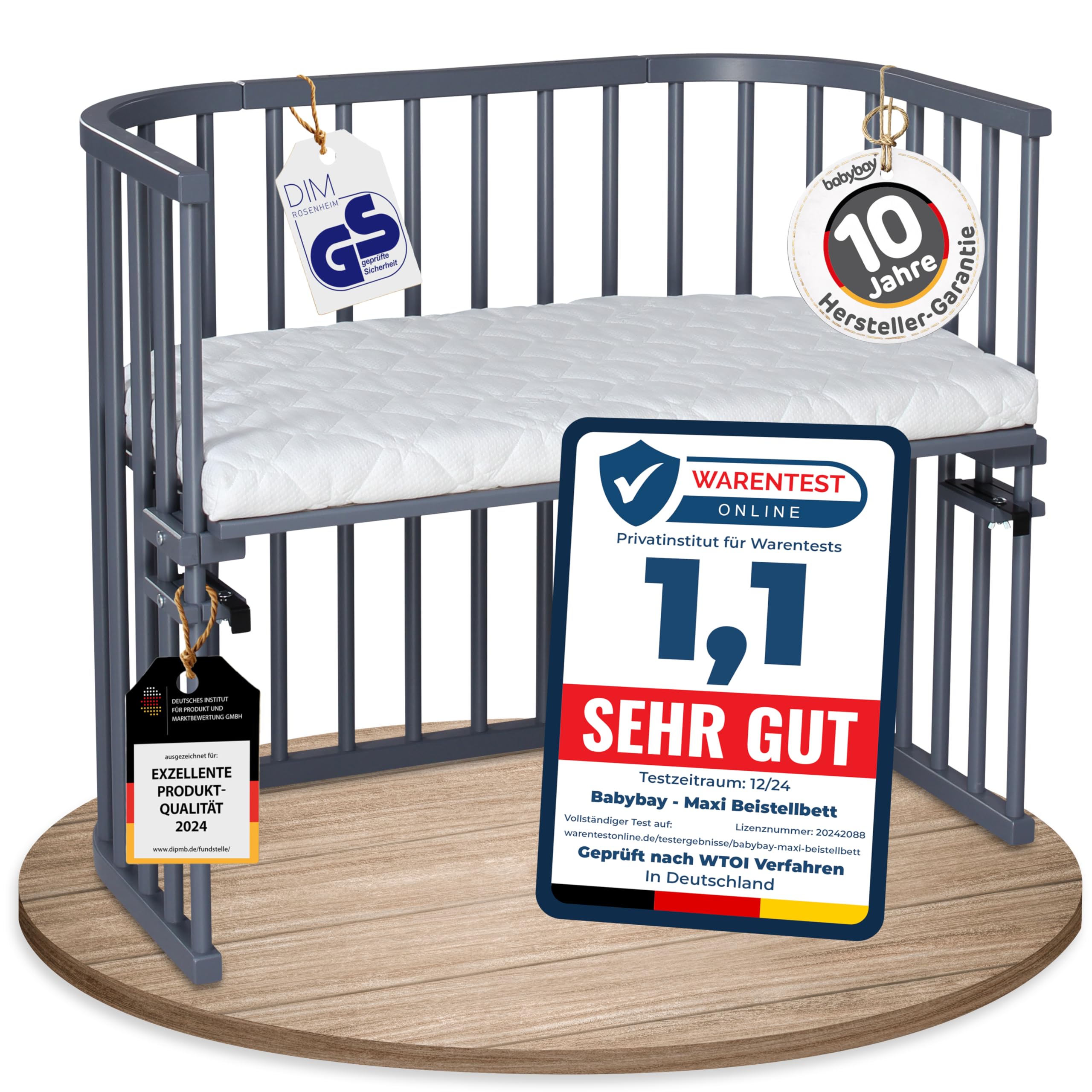 babybay Original Beistellbett aus massivem Buchenholz mit Matratze, höhenverstellbares Babybett für Neugeborene