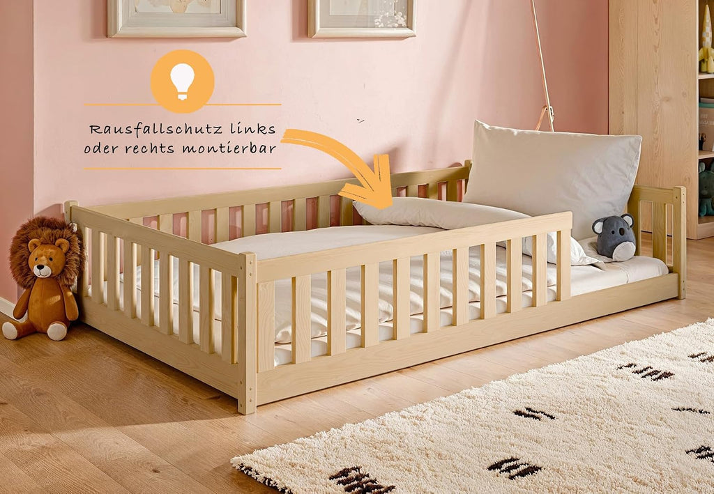 Kids Collective Kinderbett Bodenbett 120x200 cm Bett mit Rausfallschutz & Lattenrost Montessori Bett Bed Gitterbett Kinder Jugendbett Einzelbett |
