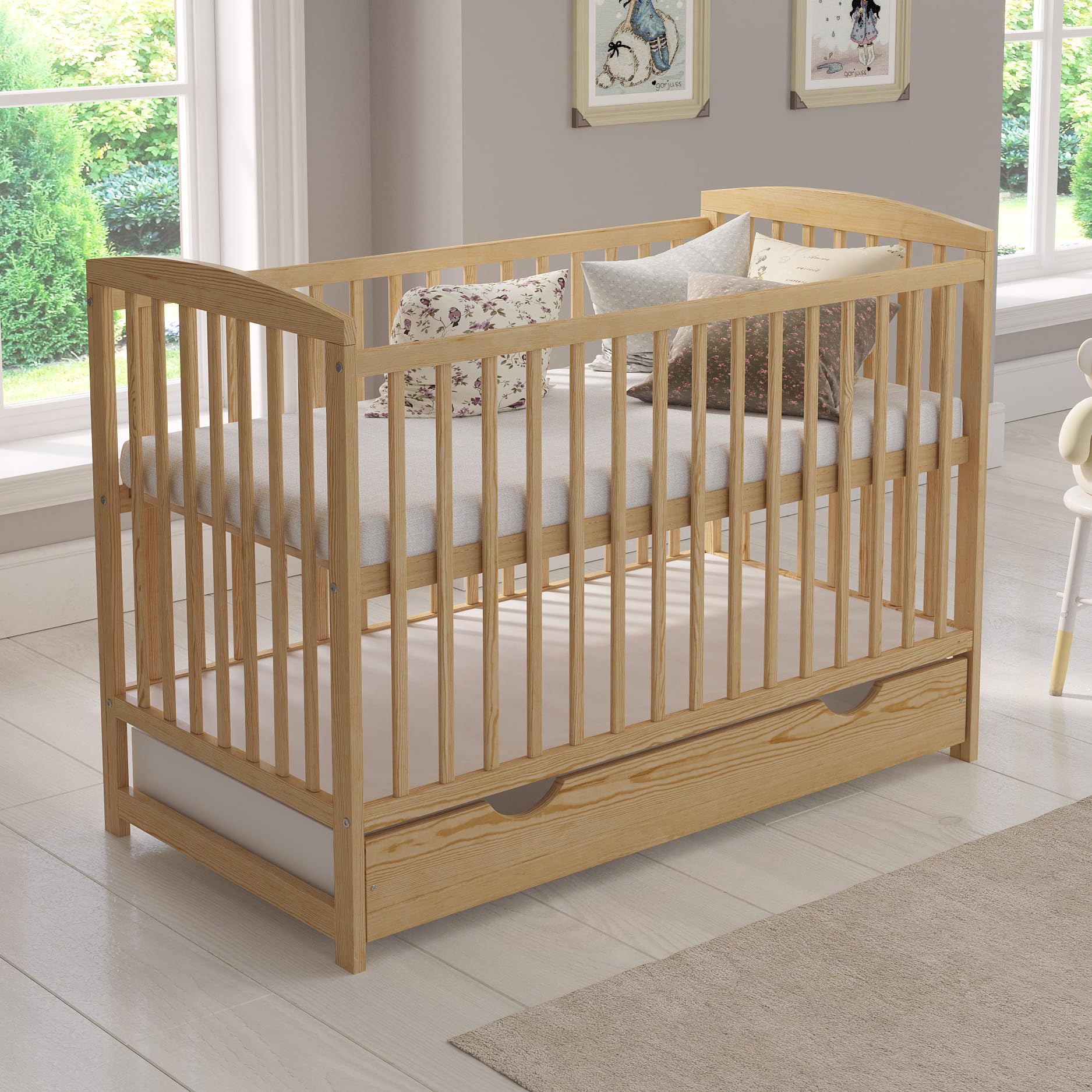 Love For Sleep Babybett 120x60 cm mit Matratze & Schublade, höhenverstellbares Kinderbett aus Kiefernholz, Grau