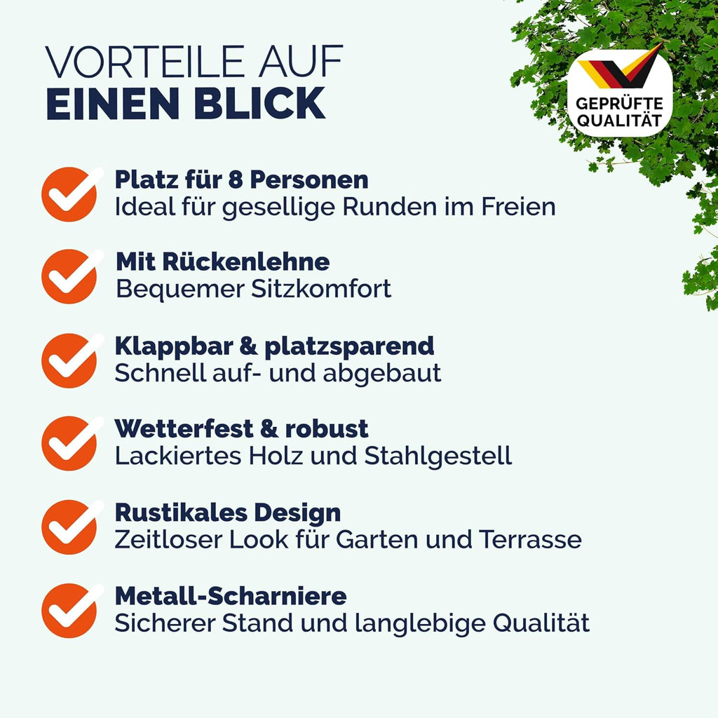 Casaria Bierzeltgarnitur 170 cm mit Lehne, 3-teilig aus Holz & Stahl, klappbar, Braun, Tisch mit 2 Bierbänken