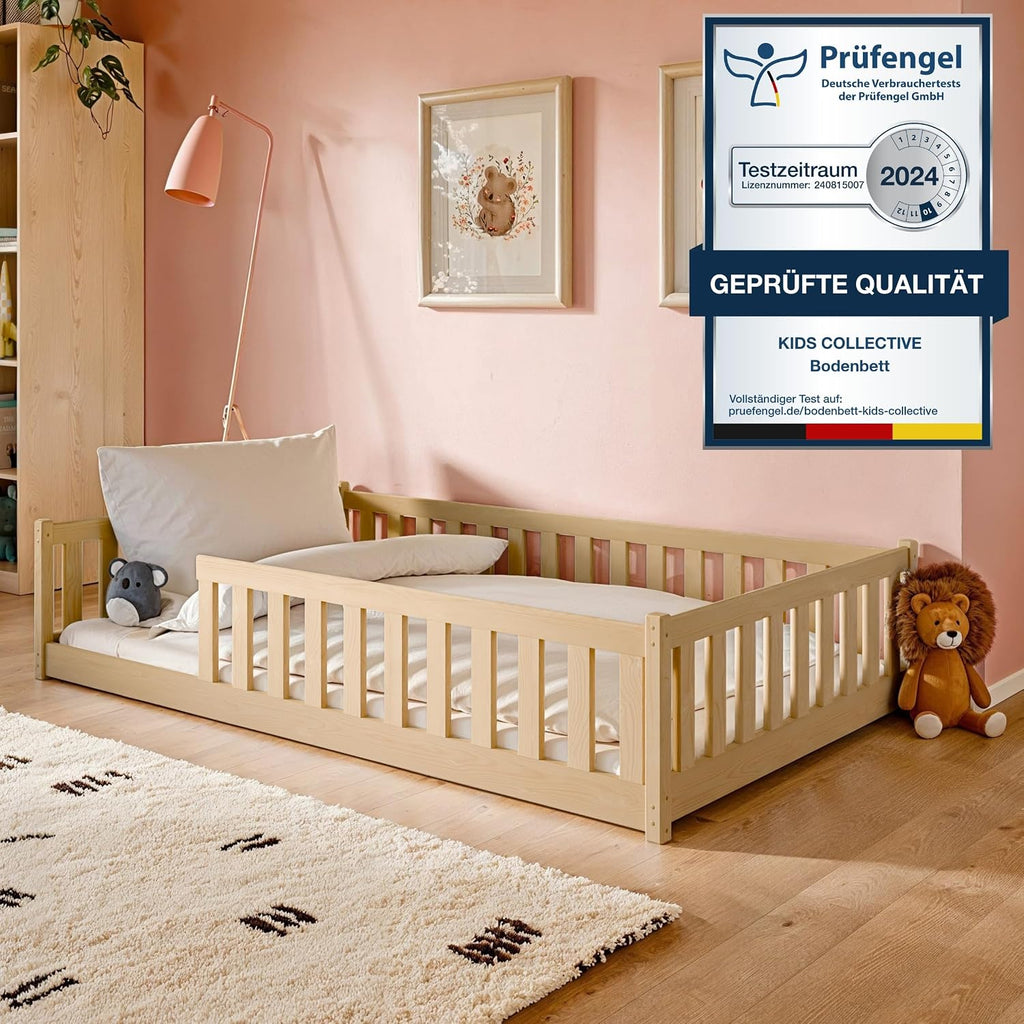 Kids Collective Kinderbett Bodenbett 120x200 cm Bett mit Rausfallschutz & Lattenrost Montessori Bett Bed Gitterbett Kinder Jugendbett Einzelbett |