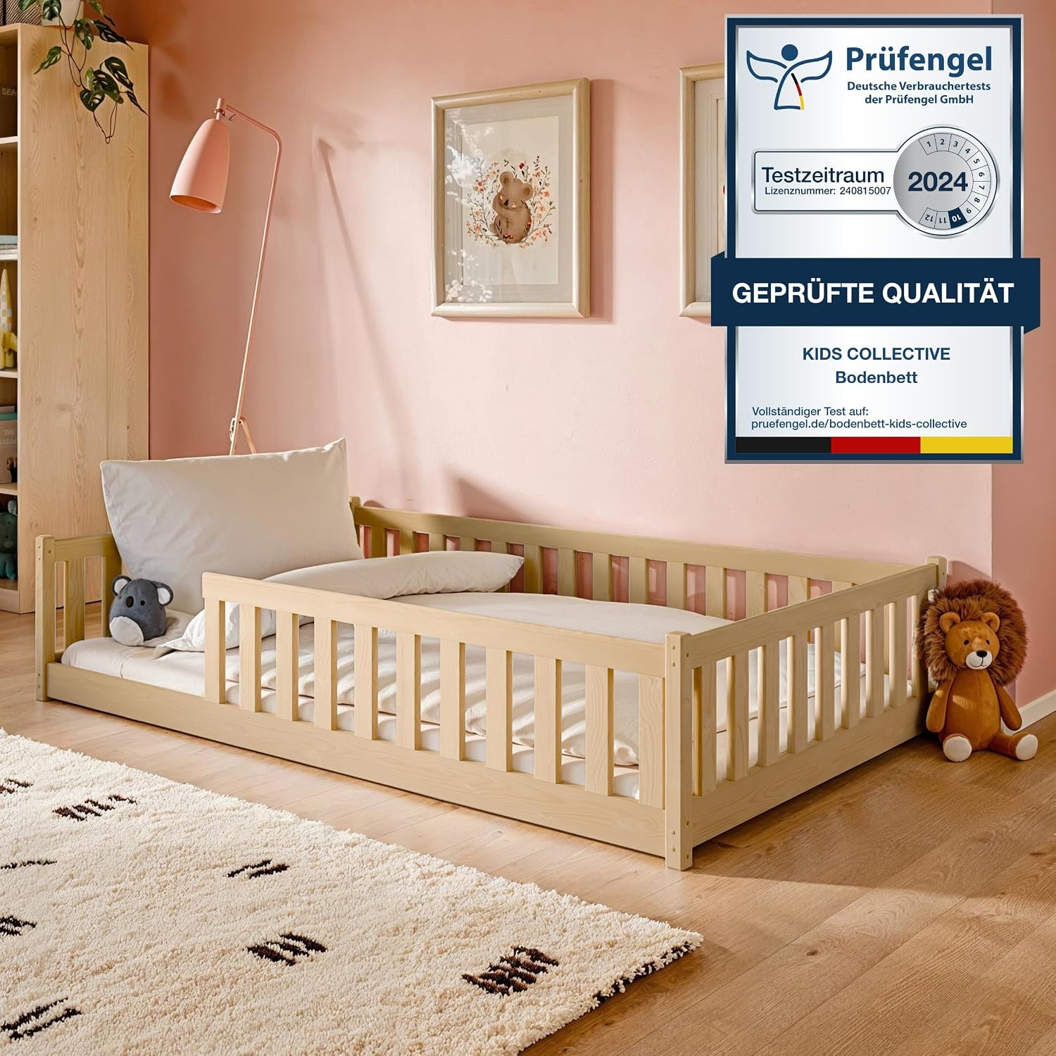 Kids Collective Kinderbett Bodenbett 120x200 cm Bett mit Rausfallschutz & Lattenrost Montessori Bett Bed Gitterbett Kinder Jugendbett Einzelbett |