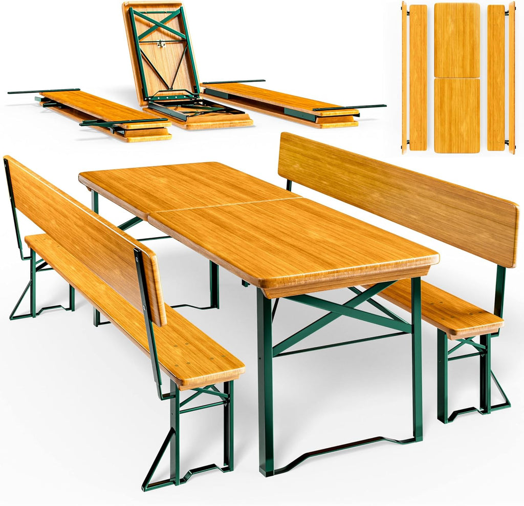 Casaria Bierzeltgarnitur 170 cm mit Lehne, 3-teilig aus Holz & Stahl, klappbar, Braun, Tisch mit 2 Bierbänken