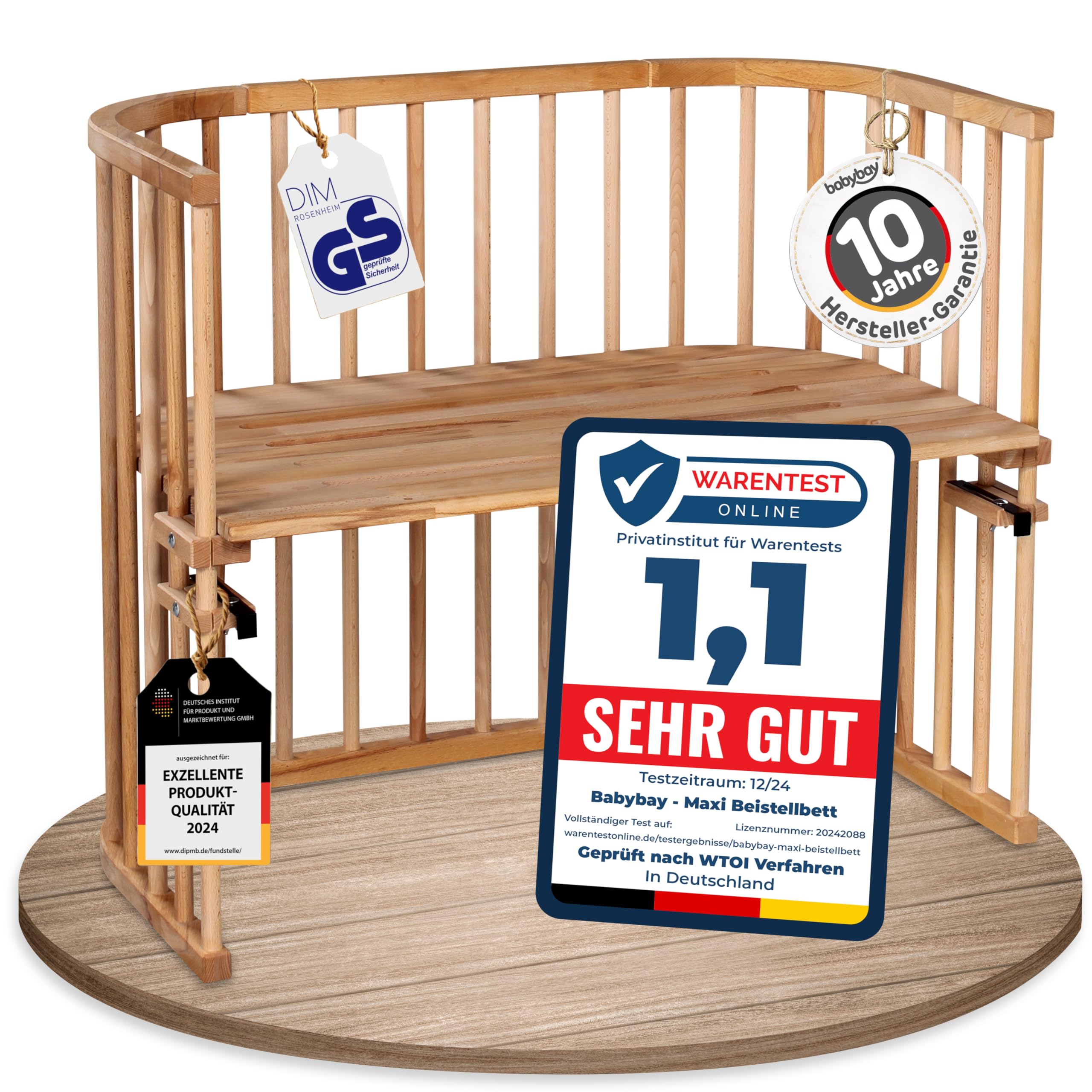 babybay Original Beistellbett aus massivem Buchenholz mit Matratze, höhenverstellbares Babybett für Neugeborene