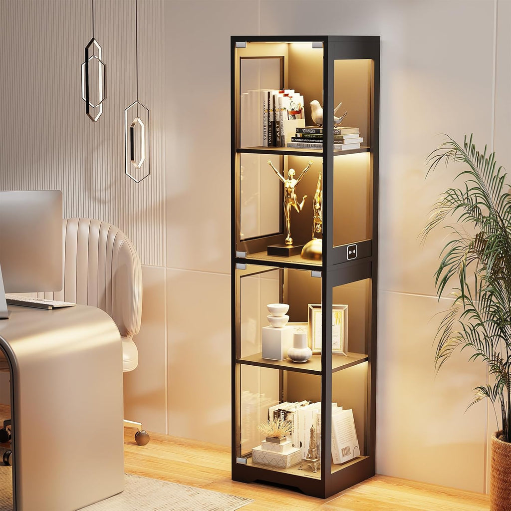 BROTTAR Glasvitrine mit Dreifarbig LED Beleuchtung und Glastüren, Glasvitrine Stehend mit Körpersensor-System, Sammlervitrine für Wohnzimmer, Büro
