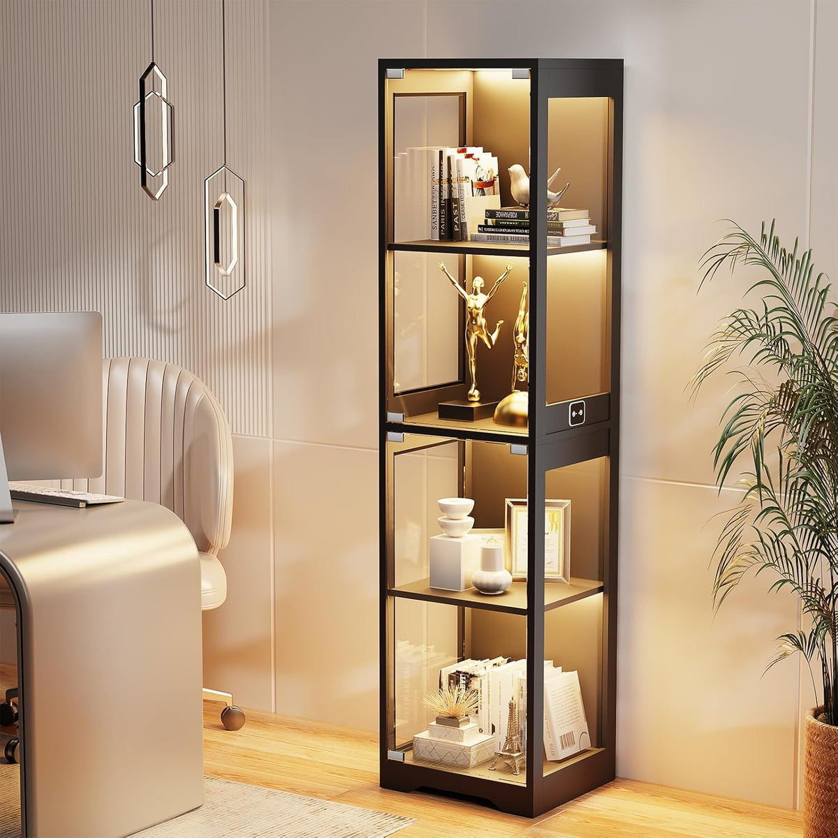 BROTTAR Glasvitrine mit Dreifarbig LED Beleuchtung und Glastüren, Glasvitrine Stehend mit Körpersensor-System, Sammlervitrine für Wohnzimmer, Büro