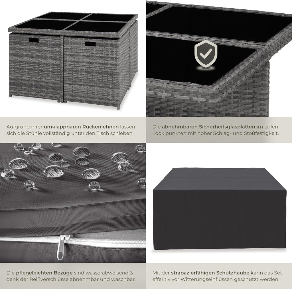 tectake Rattan Lounge Set mit Aluminiumgestell, 4 Stühle, 4 Hocker & Glastisch Wetterfeste Gartenmöbel