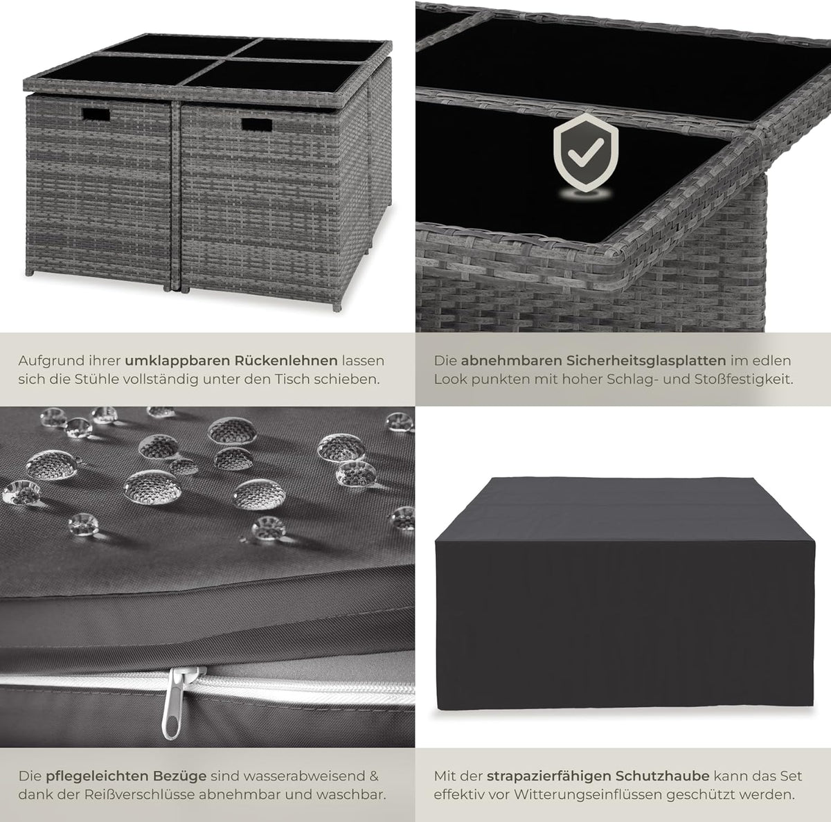 tectake Rattan Lounge Set mit Aluminiumgestell, 4 Stühle, 4 Hocker & Glastisch Wetterfeste Gartenmöbel