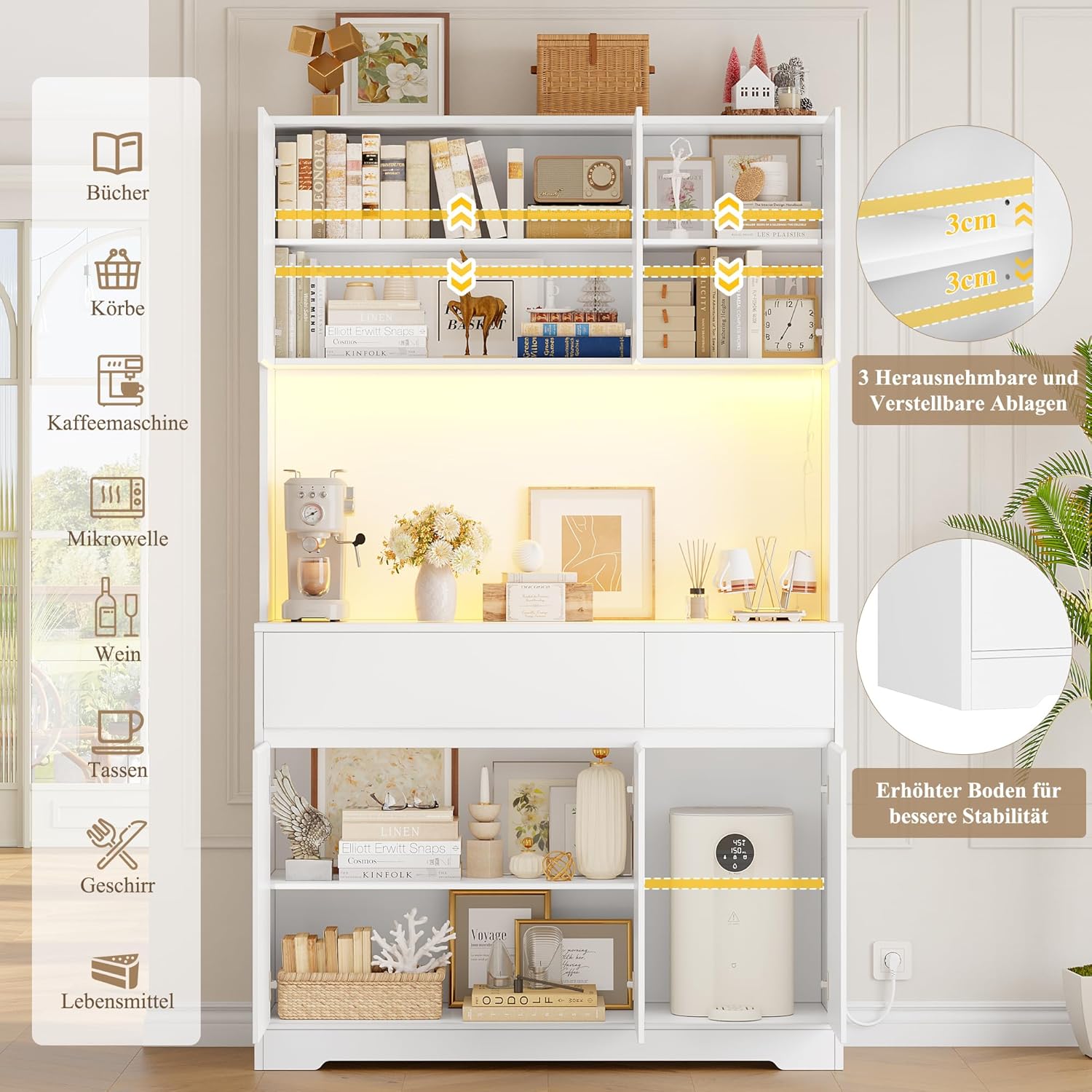 FirFurd Küchenschrank Buffetschrank Weiß 180x100x38,5 cm – Sideboard mit LED, Steckdose, Arbeitsplatte, Türen & Schubladen