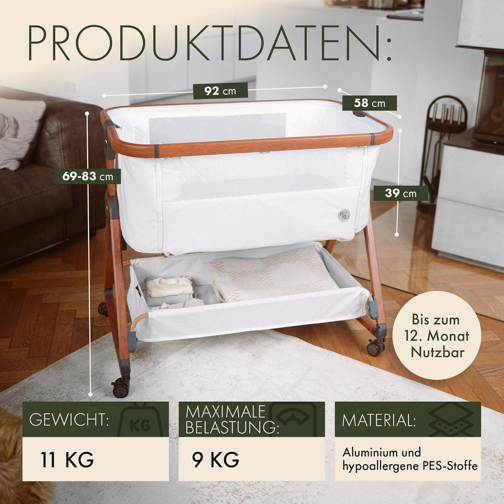 KUNU Baby Beistellbett 3in1 Beige – Höhenverstellbares Babybett mit Rollen, Matratze, Wiegefunktion & Moskitonetz