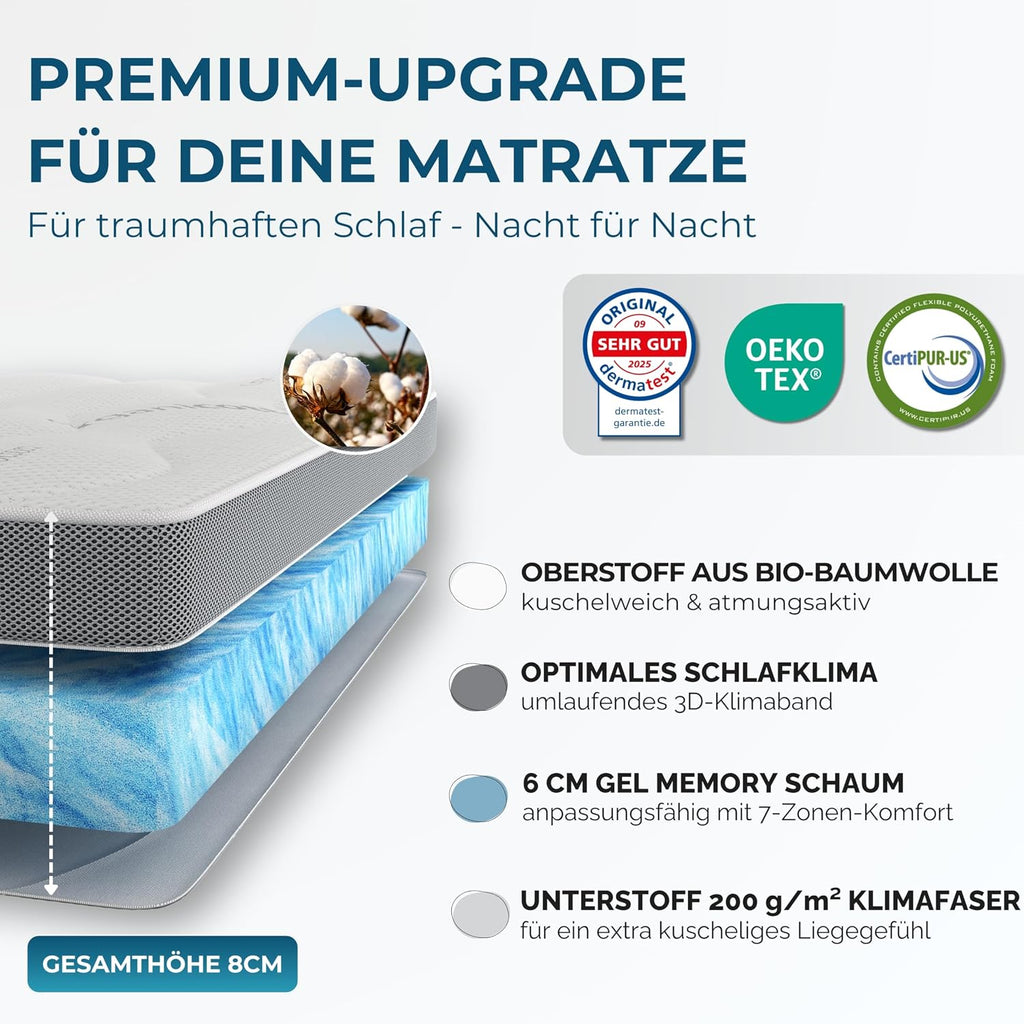 Deluxe Gel Topper 180x200cm | Oberstoff aus 100% Bio-Baumwolle | wolkenweicher 7-Zonen Matratzentopper 180x200cm | Hohes RG 50 | 8cm Matratzen Topper