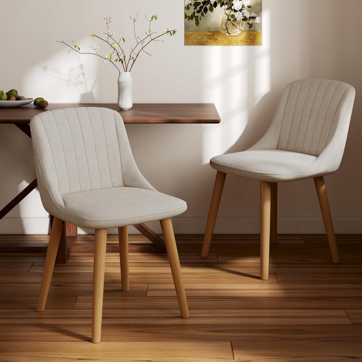 Esszimmerstühle Beige 4er Set Holzbeine Polsterstuhl Küchenstuhl aus Polyester Stühle Esszimmer Wohnzimmerstuhl für Esszimmer Küche Büro