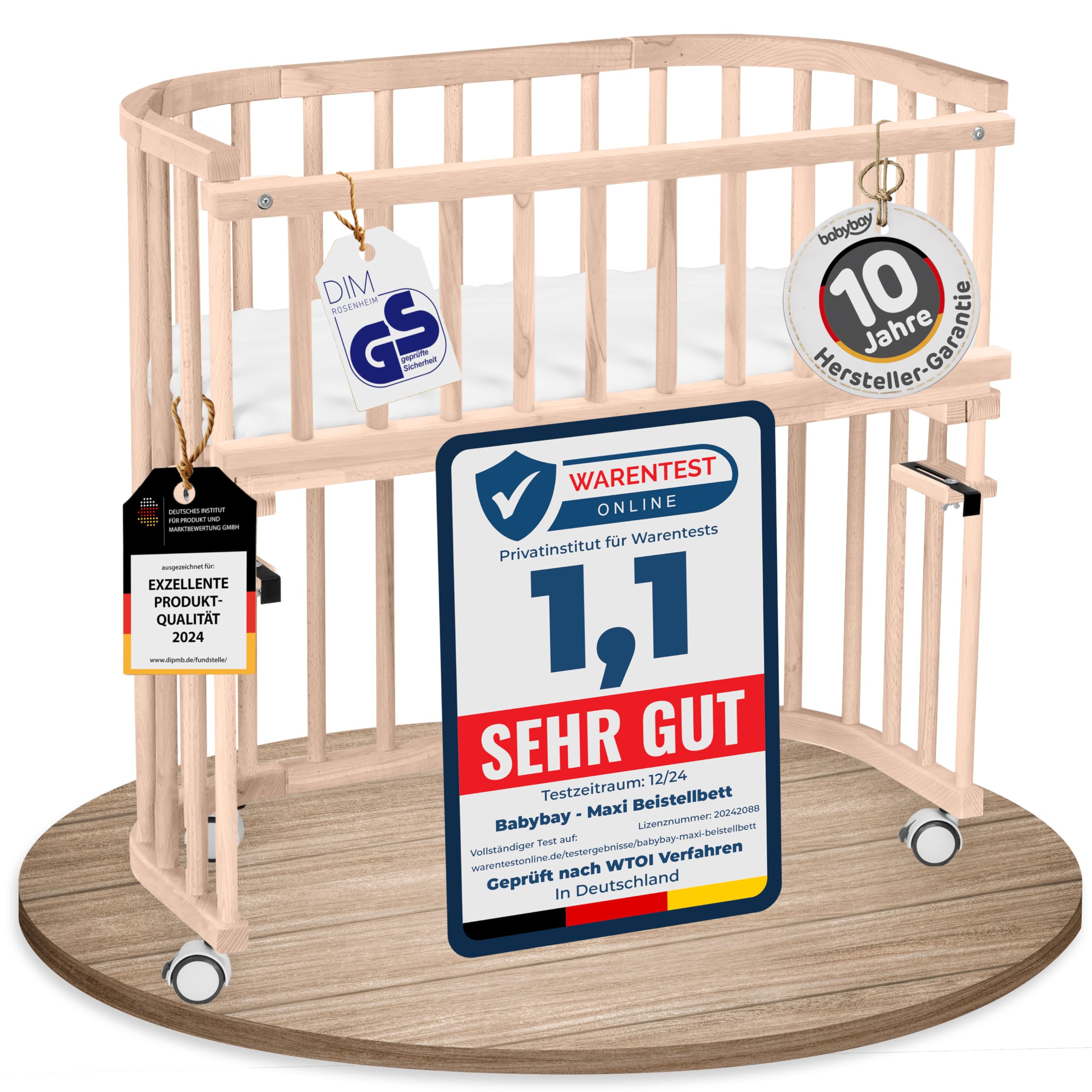 babybay Original Beistellbett aus massivem Buchenholz mit Matratze, höhenverstellbares Babybett für Neugeborene