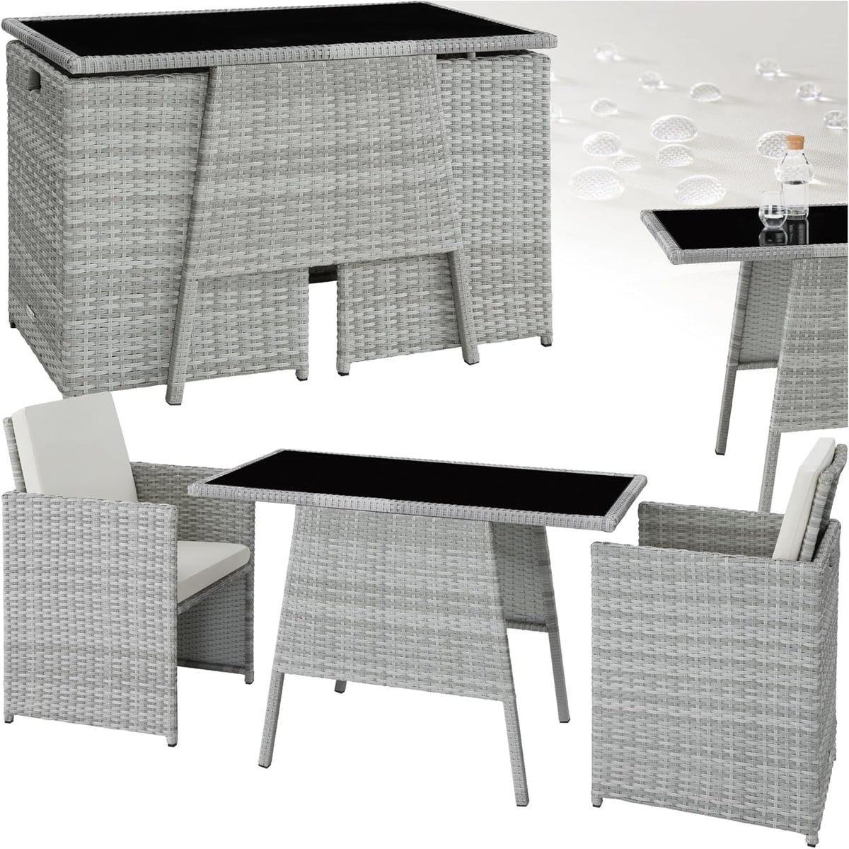 tectake Poly Rattan Balkonmöbel Set für 2 Personen Hellgrau – 2 Sessel & Tisch, Platzsparende Gartenlounge mit Kissen