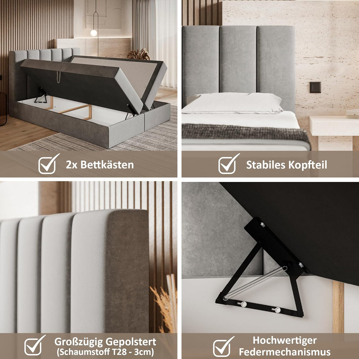 Motivena Santiago Boxspringbett 160x200 Beige Samt mit Bettkasten – Matratze H4 & Topper H3, Polsterbett mit Kopfteil