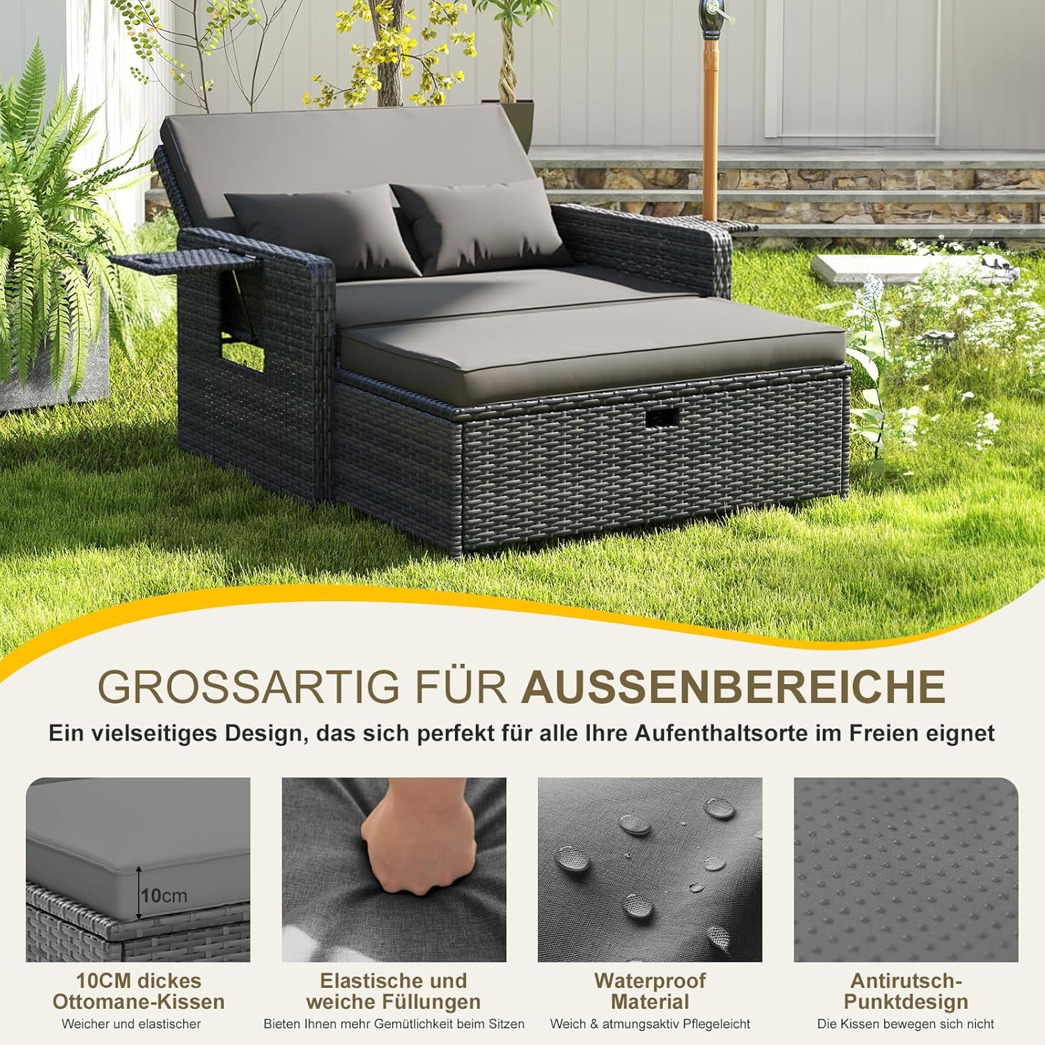 UDPATIO Rattan Lounge Sofa 2-Sitzer Grau mit Hocker & Stauraum, verstellbare Rückenlehne, Gartenmöbel Set aus PE-Rattan für Balkon & Terrasse